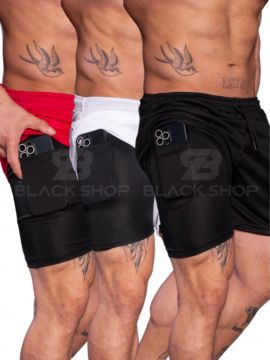 Shorts Masculinos com Bolso para Celular - Preto