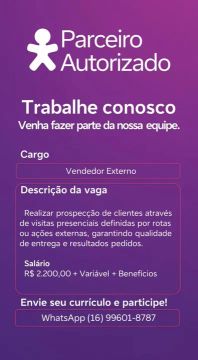 VENDEDOR EXTERNO - R$2.200,00 + Variável + Benefícios