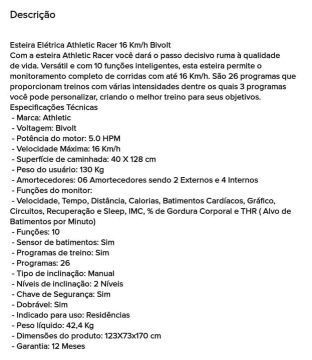 Esteira Elétrica Athletic Racer 16 Km/h Bivolt - Nova