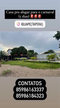 Casa para alugar para o carnaval (iguape, tapera)