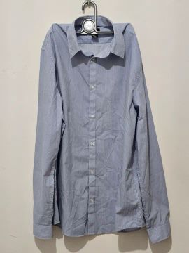 H&M Camisa Masculina Manga Longa com Botão Slim Fit  Listrada Azul