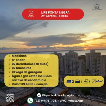Life Ponta Negra  02 quartos 01 suíte  Mobiliado  Bairro: Ponta Negra