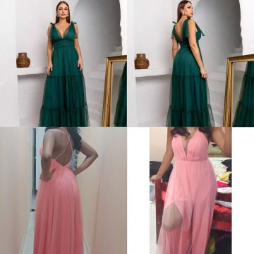 Vestido Longo de Tule - Verde e Rosa