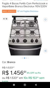 Fogão 4 Bocas Electrolux Fe4ib Branco 110V/220V - Novo