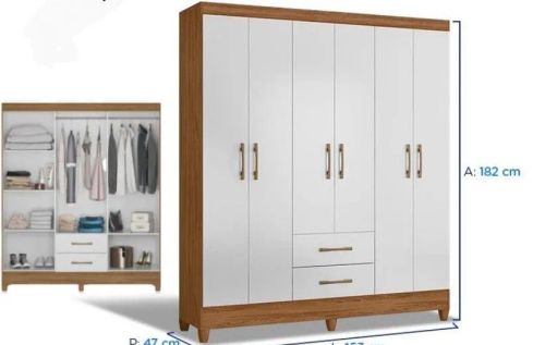 Guarda-Roupa 6 Portas 2 Gavetas Branco/Amadeirado