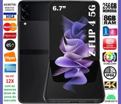 Galaxy Z Flip4 5G 256GB, 8Core, 8GB Ram, Tela 6.7", 2Câm 12MP, Novíss, Cx, Nota, Gar, Troc