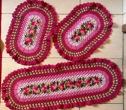 Jogo de Tapetes Crochê - Flores - Rosa e Verde