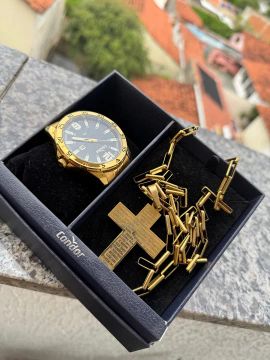 Relógio Condor Masculino Dourado + Corrente de moeda com Cruz