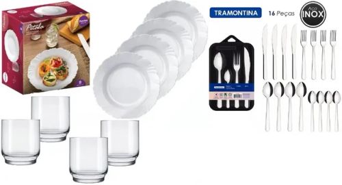 Aparelho de Jantar Pétala branco 8 peças + Faqueiro Malibu Inox 16 Peças Tramontina