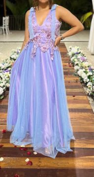 Vestido de Festa Longo Azul e Lilás com Flores