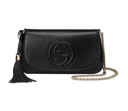 Bolsa Gucci Soho Disco GG Black Calf Leather Tassel Chain Crossbody Bag 
