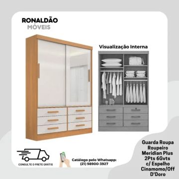Guarda Roupa Meridian 2 Portas 6 Gavetas Com Espelho D'Doro Cinamomo - Entrega Rápida! 