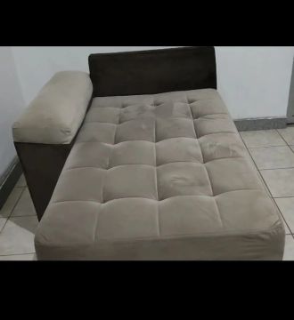 Sofá Cama em Suede Bege e Marrom