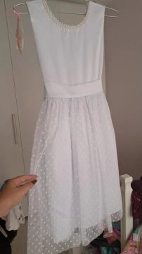 Vestido branco 10/11 anos primeira comunhao branco bordado perolas e saia tule