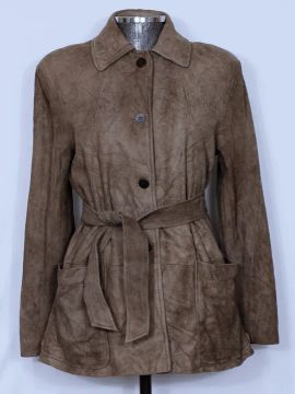 Jaqueta feminina alongada camurça couro legítimo marrom claro - Veste 40 - Ref. 2688