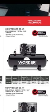 Compressor de Ar Worker Profissional 15PCM - 3HP 2 Polos - 175 Litros