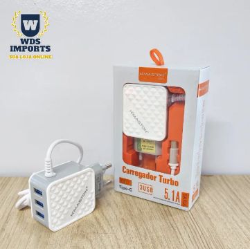 Carregador De Celular Rápido 3 portas USB Tipo C 