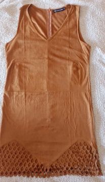 Vestido Suede Marrom com Detalhe em Tela