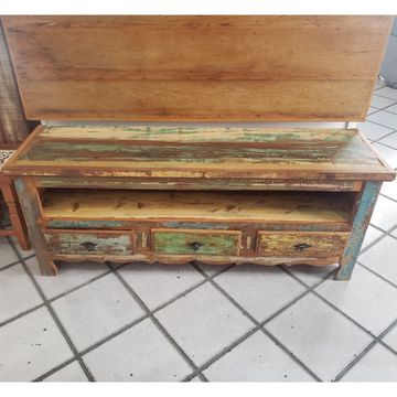 Rack 3 Gavetas Em Patina Colorida Demolição Rústica