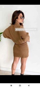 Conjunto saia e blusa de lã modal marrom médio promoção 