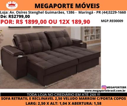 Sofá Retrátil e Reclinável Hungria 2,50 C/Porta Copos
