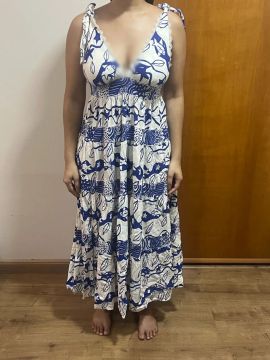 Vestido farm Longo Floral Azul e Branco