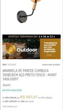 ARANDELA DE PAREDE CUMBUCA PRETO FOSCO (MARCA AVANT) 