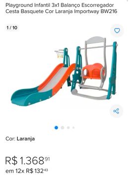 Playground Infantil 3x1 Balanço Escorregador Cesta Basquete Cor Laranja