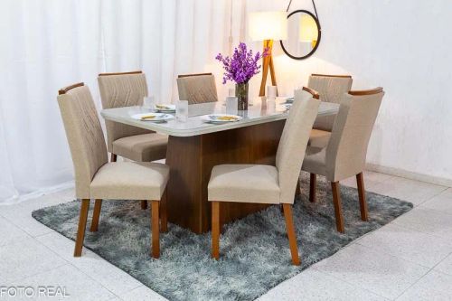 Mesa de Jantar 6 Cadeiras Linho Bege Madeira Maciça Oportunidade rf43