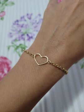 Pulseira de coração vazado elo português em ouro 24k