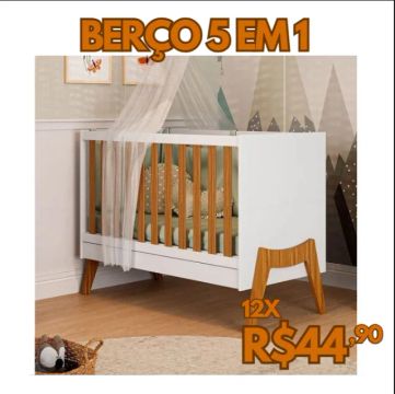 Berço Padrão Americano 5 em 1 em MDF, Certificado INMETRO, com Varal para Mosquiteiro