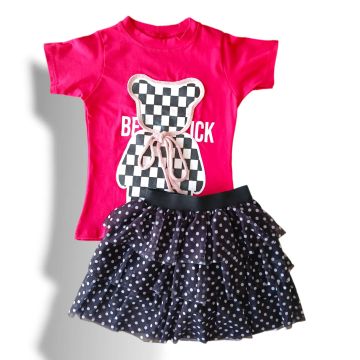 Conjunto Infantil Menina Blusa T-shirt Divertida e Saia de Babado Poá