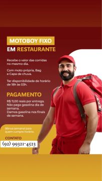 Vaga Motoboy Fixo - Rodar a noite. Pagamento na hora. 