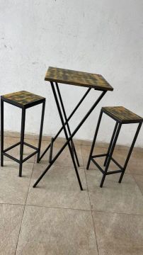Conjunto de Mesa e 2 Banquetas Dobráveis com Tampo em Madeira