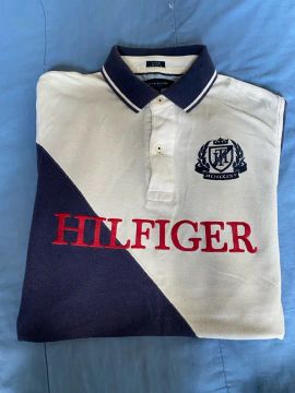 Tommy Hilfiger Men's Shirt Blue/White Custom Fit Embroidered Logo Polo