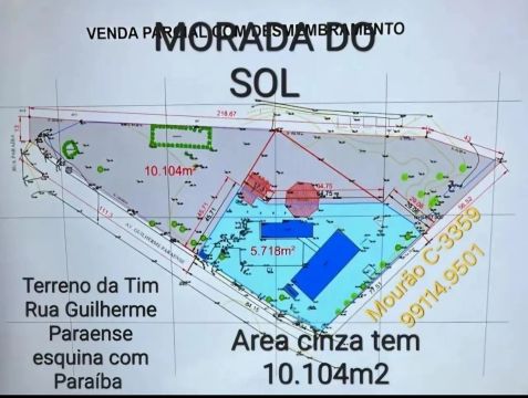 Vendo Excelente terreno no Morada do Sol com 10.104m2. Plano e Documentado. Esquina com Pa
