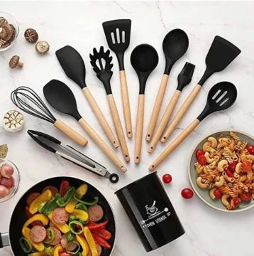 KIT de Utensílios Para Cozinha em Silicone e Bambu 12 Peças (preto)