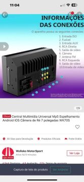Central Multimídia Universal Mp5 Espelhamento Android IOS Câmera de Ré 7 polegadas WK70S