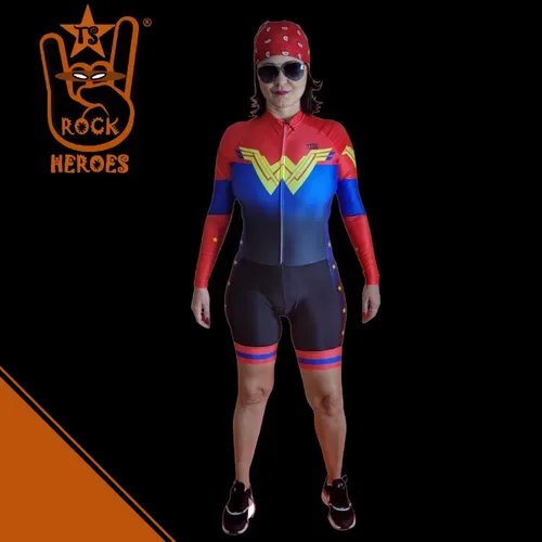 Traje de Ciclismo Mulher Maravilha Manga Longa Bodysuit Elastano