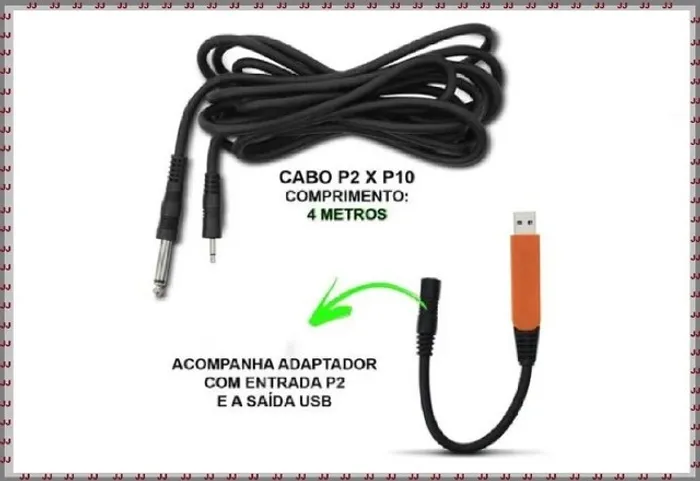 Cabo de som P2 x P10 com 4 metros e adaptador usb