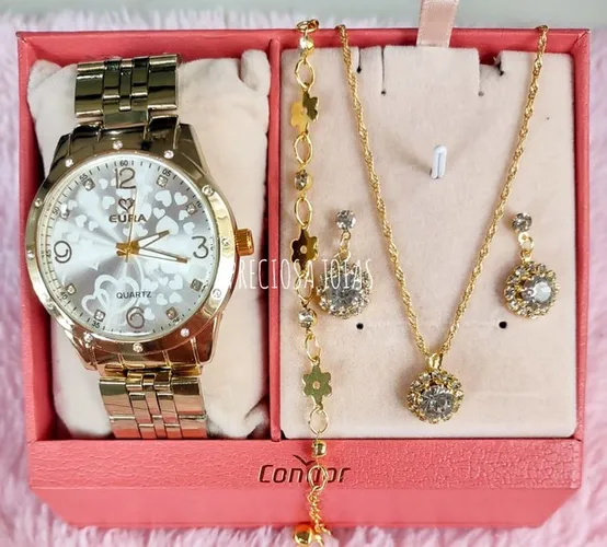 Kit relógio comum feminina + colar + brincos e pulseira de brinde