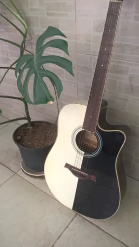 Violão Preto/Branco eletroacustico com afinador eletronico, na caixa