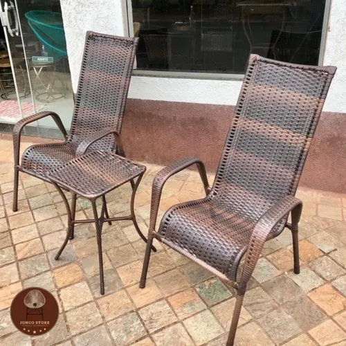 Kit 2 Cadeiras Encosto Alto e 1 Mesinha Jardim Piscina Junco Fibra Sintética