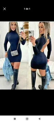 Vestido suplex manga longa e costas nuas preto e nude 
