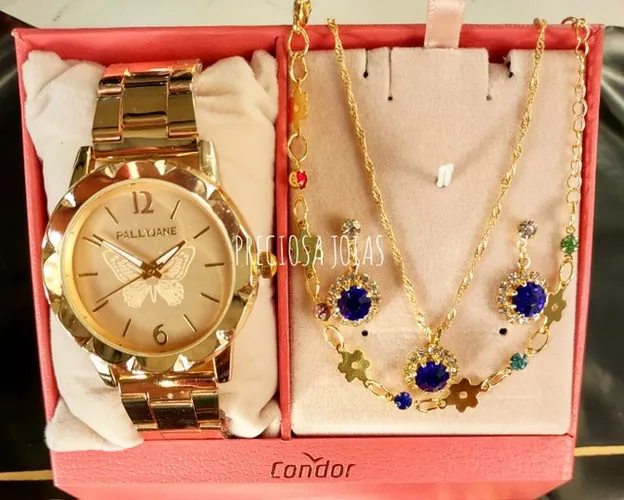 Kit relógio resistente a água + colar e brincos e pulseira de brinde