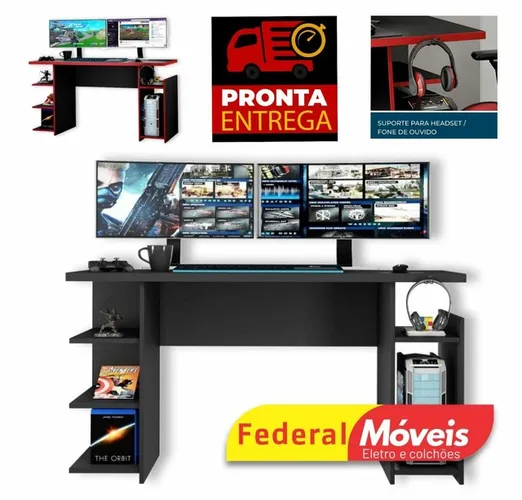 Mesa Gamer Singapura Politorno Preto/Vermelho 