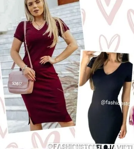 Vestido midi manga curta preto e bordo. M.