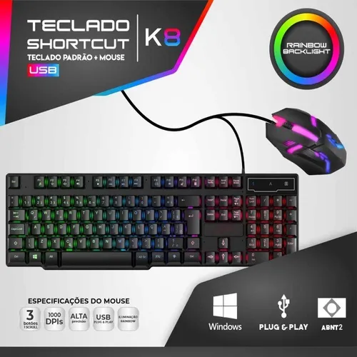 Kit Teclado + Mouse Semi Mecânico Gamer Led Rgb Óptico Mbtech