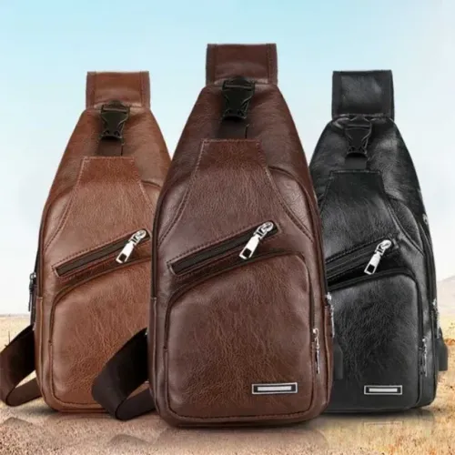 Bolsa De Ombro Para Peito Impermeável Couro Entrada Usb E Fone