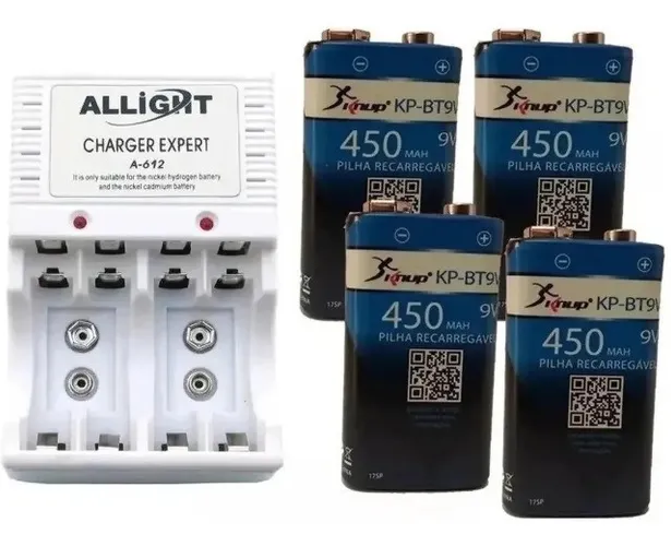 Kit 4 Baterias Recarregável 9v 450 Mah Knup + Carregador Pilhas AA 9V